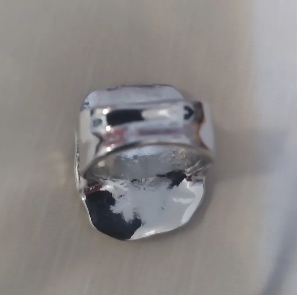 Silver Plated Uniquely Shaped Edge Black Oil drip Statement Ring